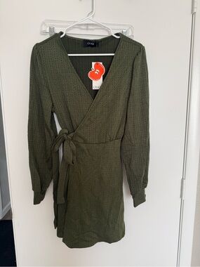 Cider Olive Wrap-Front Long Sleeve Dress